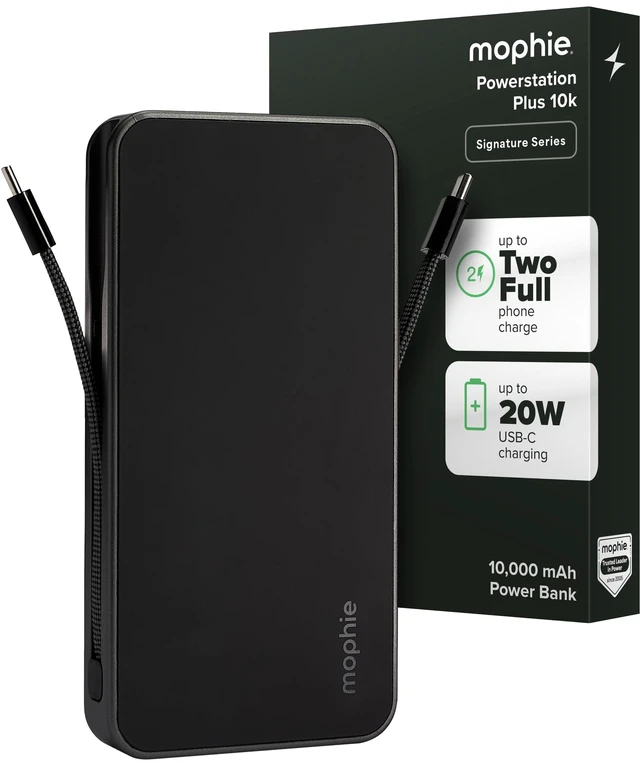 Main image of Mophie Powerstation Plus 10K Portable Charger, Signature Series | 10,000mAh Power Bank for iPhone 17 / 16, 2 Integrated USB-C Cables, 30W Fast Charging, Premium Build, Airline Friendly