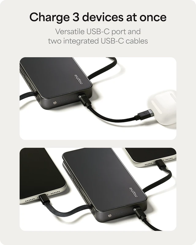 Alt view image 5 of 7 - Mophie Powerstation Plus 10K Portable Charger, Signature Series | 10,000mAh Power Bank for iPhone 17 / 16, 2 Integrated USB-C Cables, 30W Fast Charging, Premium Build, Airline Friendly