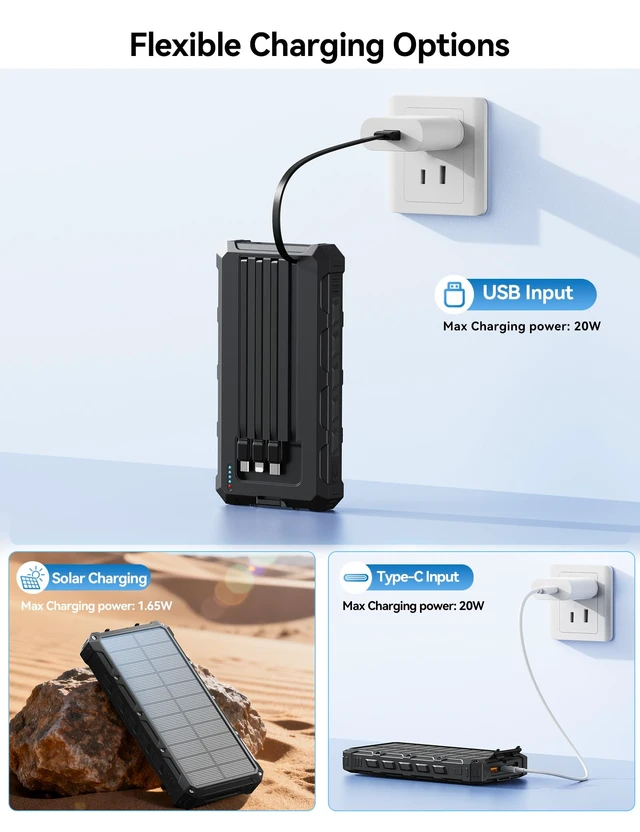 Alt view image 5 of 7 - Solar Charger Portable Power Bank 20000mah External Battery Pack for iphone | Smart 20W Fast Charging, Built-In 5-Inch USB-C & Micro-USB Cables Flashlight Real Capacity for Outdoor Adventures & Travel