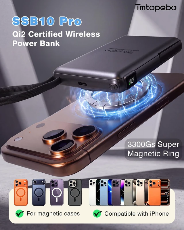 Alt view image 2 of 7 - TmtopeboSSB10 10000mAh Semi-Solid-State Qi2 Certified Wireless Power Bank | Portable Fast Charging; semi-solid; 25W wireless/30W USB-C; air-approved; Apple/Samsung/Google/moto/watches/MagSafe/Qi2