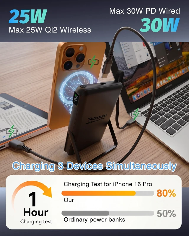 Alt view image 5 of 7 - TmtopeboSSB10 10000mAh Semi-Solid-State Qi2 Certified Wireless Power Bank | Portable Fast Charging; semi-solid; 25W wireless/30W USB-C; air-approved; Apple/Samsung/Google/moto/watches/MagSafe/Qi2