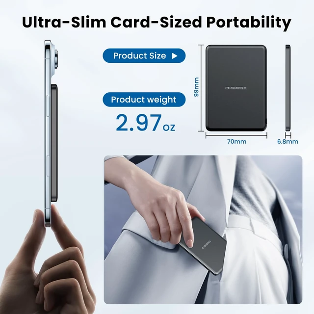 Alt view image 7 of 7 - DIGIERA Magnetic Portable Charger, Ultra Slim Power Bank, 5000mAh 15W/20W | 15W Wireless/20W USB-C PD Fast Charging, Ultra-Slim 6.8mm Lightweight 2.9oz, Compatible with iPhone 18/17/16/15 & Android