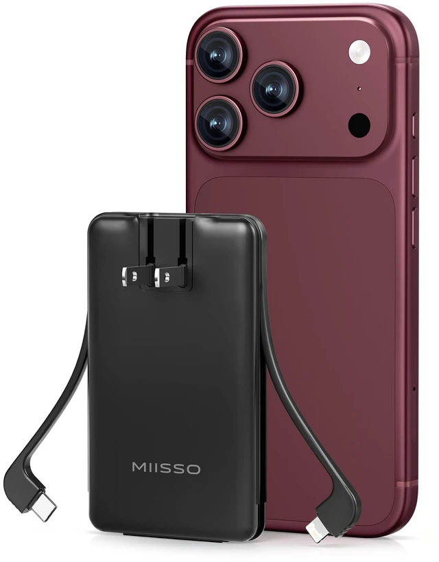 Main image of miisso Ultra Slim 5000mAh Power Bank, Built-in Cables & AC Plug,Black | Pocket Size Portable Charger,Mini Phone Charger,Travel Essential,USB C External Battery Pack Compatible with iPhone,Samsung