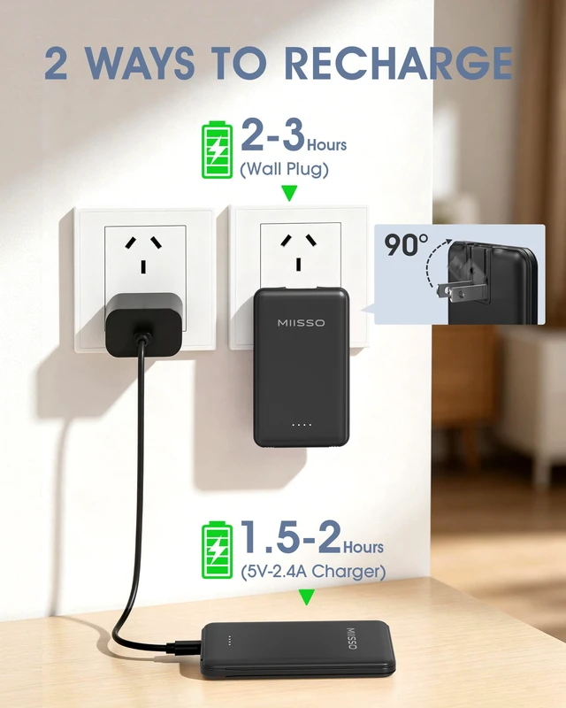 Alt view image 4 of 7 - miisso Ultra Slim 5000mAh Power Bank, Built-in Cables & AC Plug,Black | Pocket Size Portable Charger,Mini Phone Charger,Travel Essential,USB C External Battery Pack Compatible with iPhone,Samsung