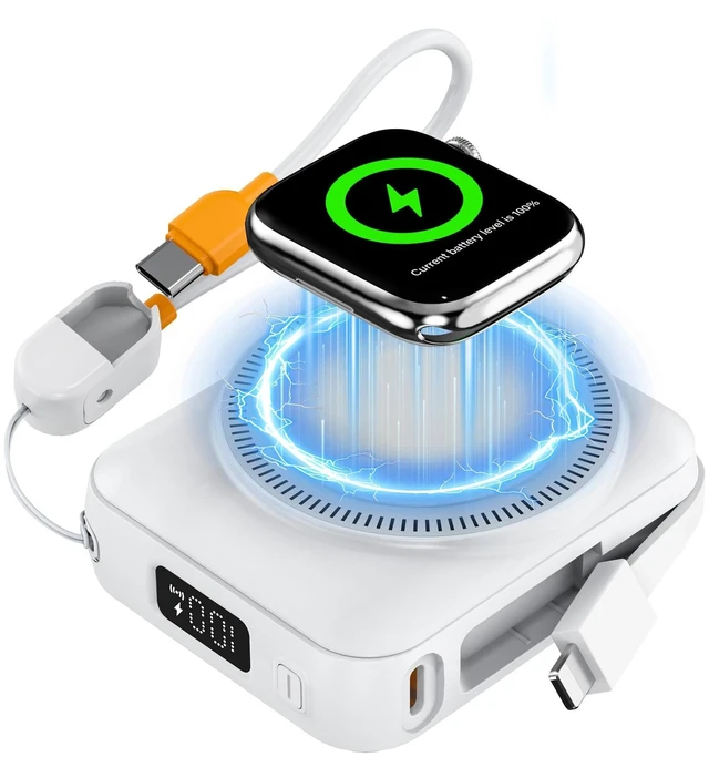 Main image of 10000mAh Portable Charger 22.5W Fast Charging Power Bank Charge iWatch, Built-in Cables, LED Display, Magnetic Wireless Charging, TSA approved, Pocket Size, for Apple Watch, Phone, AirPods, White