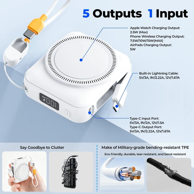 Alt view image 4 of 7 - 10000mAh Portable Charger 22.5W Fast Charging Power Bank Charge iWatch, Built-in Cables, LED Display, Magnetic Wireless Charging, TSA approved, Pocket Size, for Apple Watch, Phone, AirPods, White
