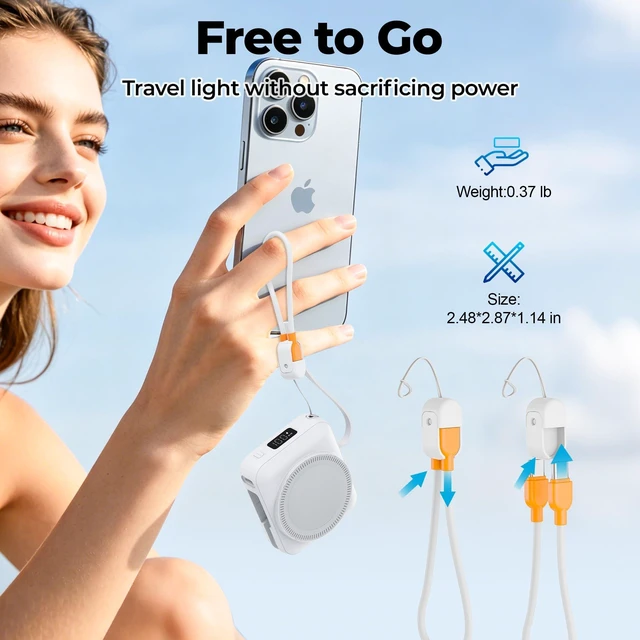 Alt view image 6 of 7 - 10000mAh Portable Charger 22.5W Fast Charging Power Bank Charge iWatch, Built-in Cables, LED Display, Magnetic Wireless Charging, TSA approved, Pocket Size, for Apple Watch, Phone, AirPods, White