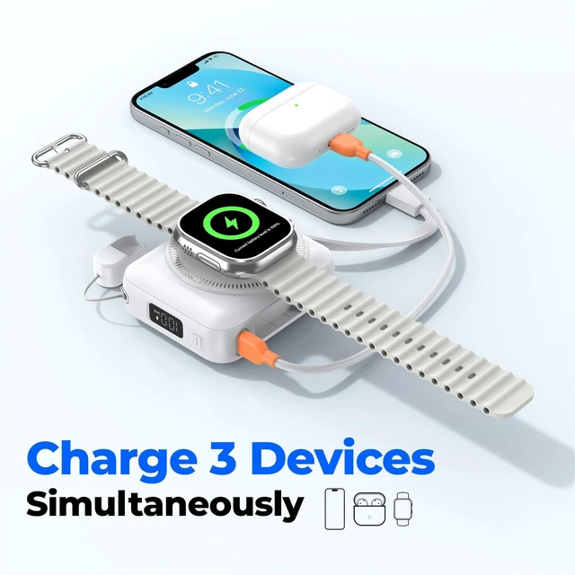 Alt view image 3 of 7 - 10000mAh Portable Charger 22.5W Fast Charging Power Bank Charge iWatch, Built-in Cables, LED Display, Magnetic Wireless Charging, TSA approved, Pocket Size, for Apple Watch, Phone, AirPods, White