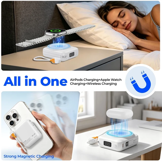 Alt view image 7 of 7 - 10000mAh Portable Charger 22.5W Fast Charging Power Bank Charge iWatch, Built-in Cables, LED Display, Magnetic Wireless Charging, TSA approved, Pocket Size, for Apple Watch, Phone, AirPods, White
