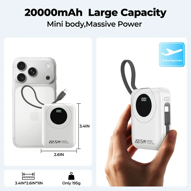 Alt view image 6 of 7 - Portable Charger 20000mAh, PD 22.5W Fast Charging Power Bank 70% in 30MIN | Flight-Safe, Battery Pack Built in 2 Cables, Travel Essential, 40% Smaller Portable Phone Charger for iPhone SamsungWhite