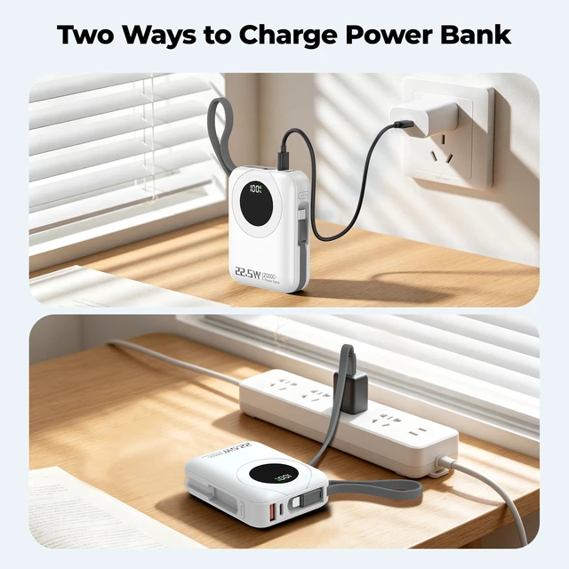 Alt view image 7 of 7 - Portable Charger 20000mAh, PD 22.5W Fast Charging Power Bank 70% in 30MIN | Flight-Safe, Battery Pack Built in 2 Cables, Travel Essential, 40% Smaller Portable Phone Charger for iPhone SamsungWhite