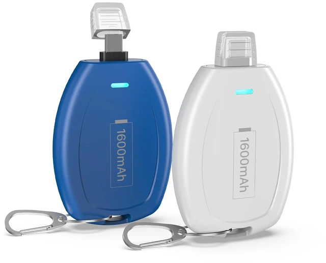 Main image of (2-Pack) Keychain Portable Charger for USB C, 1600mAh Mini Power Emergency pod Power Bank Ultra-Compact Battery Pack for iPhone 18/17/16/15 Phone, Galaxy S22/S23 Ultra Type-C Andriod Phone, Blue&White