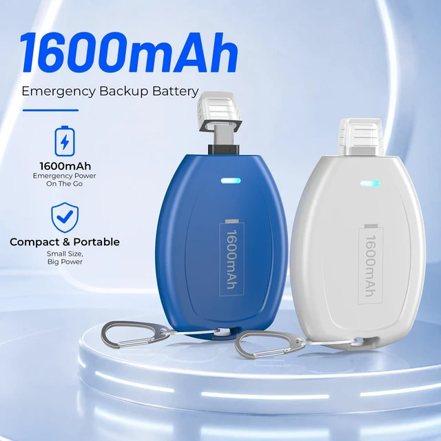 Alt view image 2 of 7 - (2-Pack) Keychain Portable Charger for USB C, 1600mAh Mini Power Emergency pod Power Bank Ultra-Compact Battery Pack for iPhone 18/17/16/15 Phone, Galaxy S22/S23 Ultra Type-C Andriod Phone, Blue&White