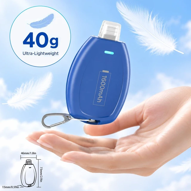 Alt view image 3 of 7 - (2-Pack) Keychain Portable Charger for USB C, 1600mAh Mini Power Emergency pod Power Bank Ultra-Compact Battery Pack for iPhone 18/17/16/15 Phone, Galaxy S22/S23 Ultra Type-C Andriod Phone, Blue&White