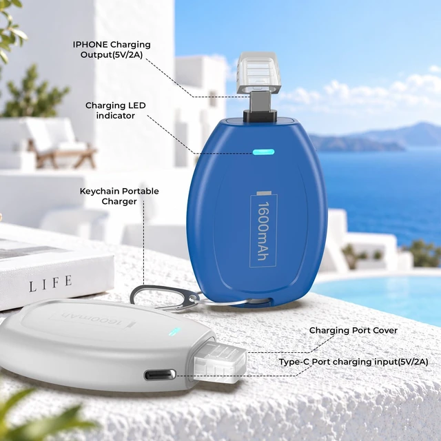 Alt view image 4 of 7 - (2-Pack) Keychain Portable Charger for USB C, 1600mAh Mini Power Emergency pod Power Bank Ultra-Compact Battery Pack for iPhone 18/17/16/15 Phone, Galaxy S22/S23 Ultra Type-C Andriod Phone, Blue&White