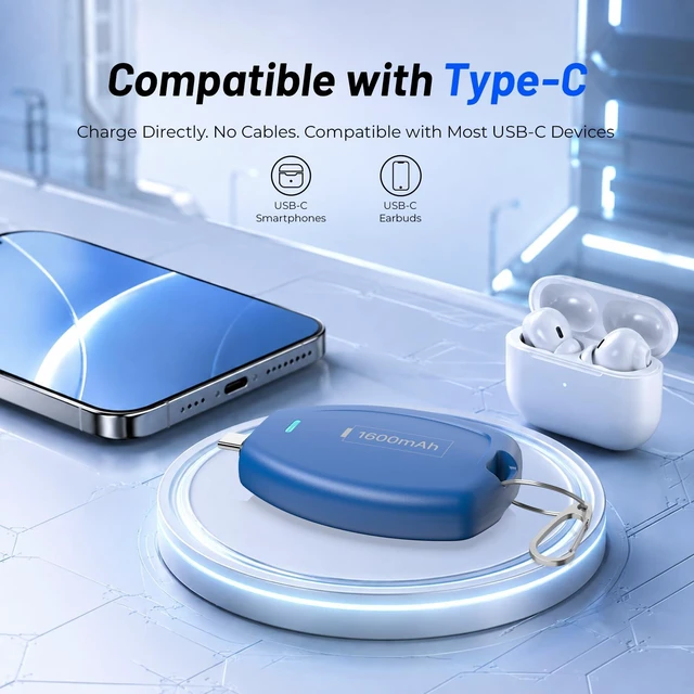 Alt view image 5 of 7 - (2-Pack) Keychain Portable Charger for USB C, 1600mAh Mini Power Emergency pod Power Bank Ultra-Compact Battery Pack for iPhone 18/17/16/15 Phone, Galaxy S22/S23 Ultra Type-C Andriod Phone, Blue&White
