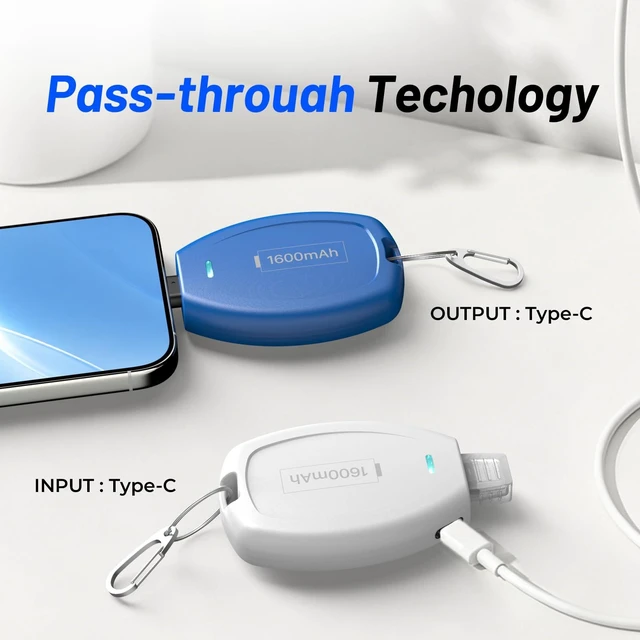 Alt view image 6 of 7 - (2-Pack) Keychain Portable Charger for USB C, 1600mAh Mini Power Emergency pod Power Bank Ultra-Compact Battery Pack for iPhone 18/17/16/15 Phone, Galaxy S22/S23 Ultra Type-C Andriod Phone, Blue&White