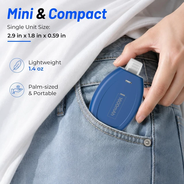 Alt view image 7 of 7 - (2-Pack) Keychain Portable Charger for USB C, 1600mAh Mini Power Emergency pod Power Bank Ultra-Compact Battery Pack for iPhone 18/17/16/15 Phone, Galaxy S22/S23 Ultra Type-C Andriod Phone, Blue&White