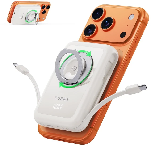 Main image of RORRY Power bank for Magsafe Portable Charger 10000mAh Magnetic Wireless | Battery Pack, 22.5W, Fast Charging, Built-in Cable, Phone Ring, Wireless, for iPhone 18 Pro/Pro Max/17/16/15, for Apple Watch