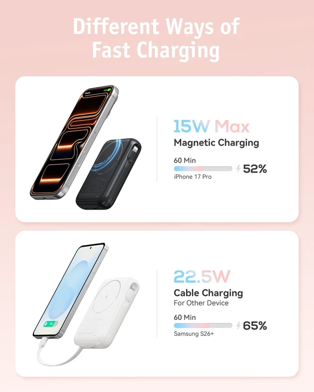 Alt view image 6 of 7 - RORRY Power bank for Magsafe Portable Charger 10000mAh Magnetic Wireless | Battery Pack, 22.5W, Fast Charging, Built-in Cable, Phone Ring, Wireless, for iPhone 18 Pro/Pro Max/17/16/15, for Apple Watch