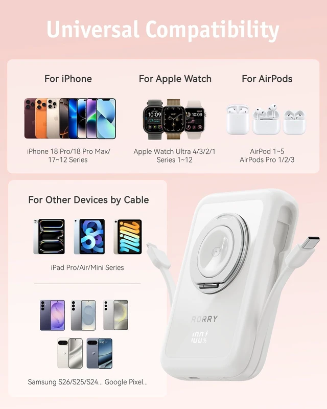 Alt view image 7 of 7 - RORRY Power bank for Magsafe Portable Charger 10000mAh Magnetic Wireless | Battery Pack, 22.5W, Fast Charging, Built-in Cable, Phone Ring, Wireless, for iPhone 18 Pro/Pro Max/17/16/15, for Apple Watch