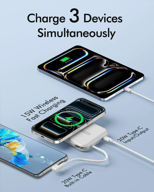 Alt view image 3 of 7 - RociLife for Magsafe Power Bank 5000mAh, Slim Magnetic Portable Charger | Built-in USB-C Cable, Travel Essentials 20W PD Fast Charging, Wireless Battery Pack for iPhone 18/17/16/15/14/13/12 Series