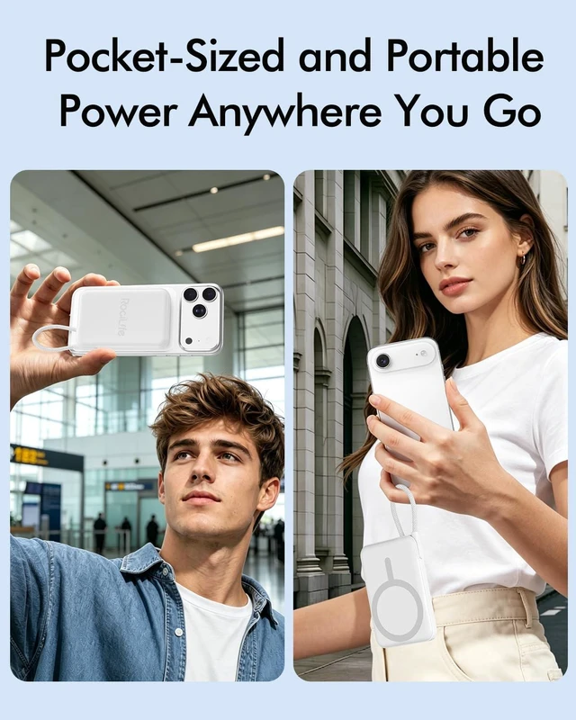 Alt view image 5 of 7 - RociLife for Magsafe Power Bank 5000mAh, Slim Magnetic Portable Charger | Built-in USB-C Cable, Travel Essentials 20W PD Fast Charging, Wireless Battery Pack for iPhone 18/17/16/15/14/13/12 Series