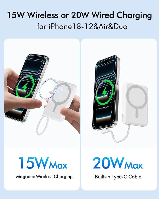 Alt view image 4 of 7 - RociLife for Magsafe Power Bank 5000mAh, Slim Magnetic Portable Charger | Built-in USB-C Cable, Travel Essentials 20W PD Fast Charging, Wireless Battery Pack for iPhone 18/17/16/15/14/13/12 Series