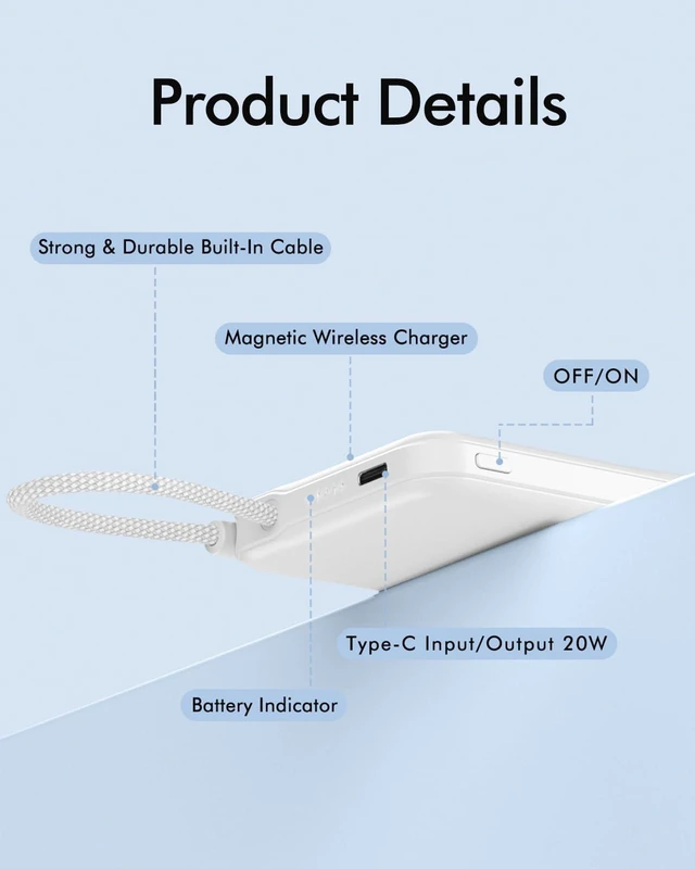 Alt view image 6 of 7 - RociLife for Magsafe Power Bank 5000mAh, Slim Magnetic Portable Charger | Built-in USB-C Cable, Travel Essentials 20W PD Fast Charging, Wireless Battery Pack for iPhone 18/17/16/15/14/13/12 Series