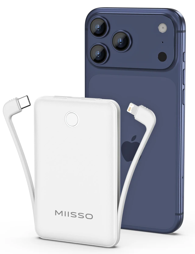 Main image of miisso 10000mAh Mini Portable Charger with Built in Cable, White