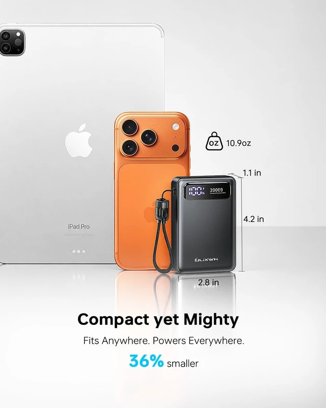 Alt view image 2 of 7 - ULiXWH 20000mAh Compact Portable Charger, High Capacity Power Bank | Detachable USB C Cable, Travel Essential Fast Charging Battery Pack for iPhone 18/17/16 Series Galaxy S25/S24, iPad & More