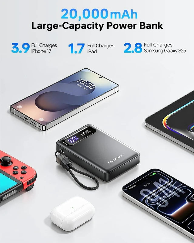 Alt view image 4 of 7 - ULiXWH 20000mAh Compact Portable Charger, High Capacity Power Bank | Detachable USB C Cable, Travel Essential Fast Charging Battery Pack for iPhone 18/17/16 Series Galaxy S25/S24, iPad & More