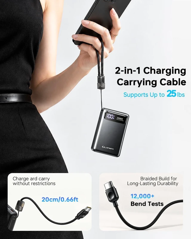 Alt view image 3 of 7 - ULiXWH 20000mAh Compact Portable Charger, High Capacity Power Bank | Detachable USB C Cable, Travel Essential Fast Charging Battery Pack for iPhone 18/17/16 Series Galaxy S25/S24, iPad & More