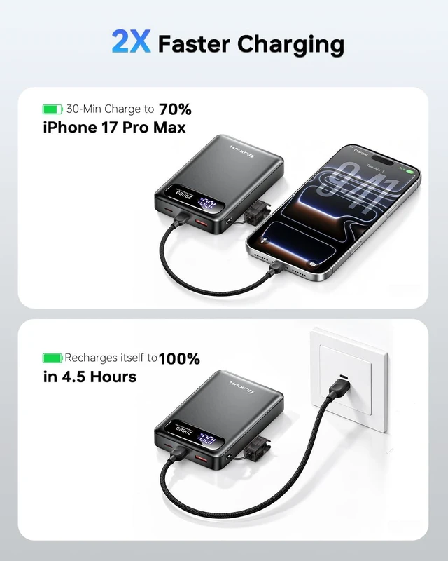 Alt view image 6 of 7 - ULiXWH 20000mAh Compact Portable Charger, High Capacity Power Bank | Detachable USB C Cable, Travel Essential Fast Charging Battery Pack for iPhone 18/17/16 Series Galaxy S25/S24, iPad & More