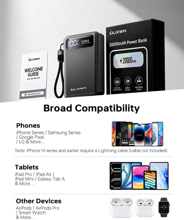Alt view image 7 of 7 - ULiXWH 20000mAh Compact Portable Charger, High Capacity Power Bank | Detachable USB C Cable, Travel Essential Fast Charging Battery Pack for iPhone 18/17/16 Series Galaxy S25/S24, iPad & More