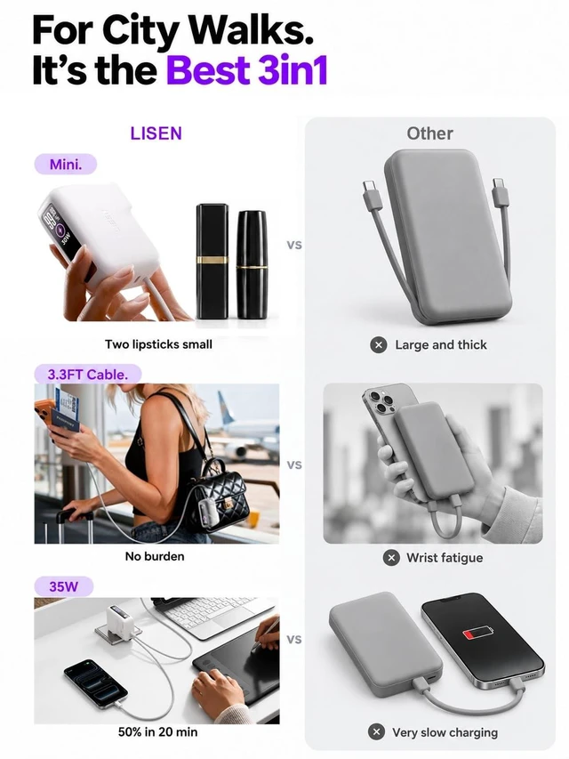 Alt view image 2 of 7 - LISEN Mini 3in1 Portable Charger for iPhone 18 Pro/Pro Max/Duo, 3.3FT Cable | #1 Mini 3 in1 for iPhone 18 Pro/Pro Max/Duo. 3.3FT Charging Cable. with 35W AC Wall Plug. Ideal for Short Trips & Commutes