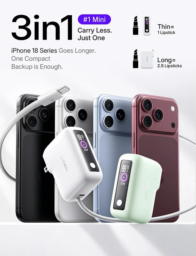 Alt view image 3 of 7 - LISEN Mini 3in1 Portable Charger for iPhone 18 Pro/Pro Max/Duo, 3.3FT Cable | #1 Mini 3 in1 for iPhone 18 Pro/Pro Max/Duo. 3.3FT Charging Cable. with 35W AC Wall Plug. Ideal for Short Trips & Commutes