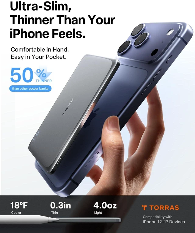 Alt view image 2 of 7 - TORRAS MiniMag Pro Ultra Slim Magnetic Power Bank 5000mAh, Infinite Grey | 0.3in Ultra Slim Portable Charger,Semi Solid-State Battery Pack, iPhone 18-12 Compatible,Wireless For Travel & Daily Commute