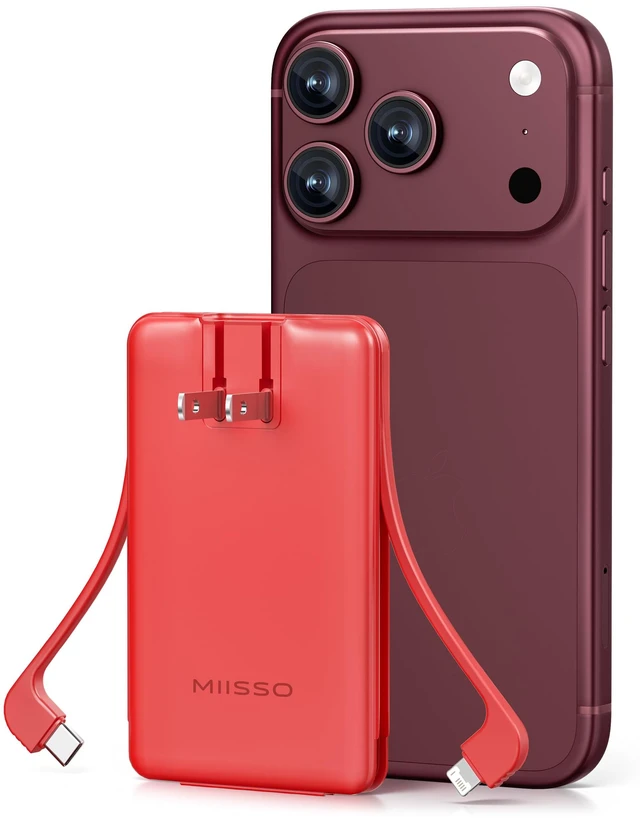 Main image of miisso Ultra Slim 5000mAh Power Bank, Built-in Cables & AC Plug,Red | Pocket Size Portable Charger,Mini Phone Charger,Travel Essential,USB C External Battery Pack Compatible with iPhone,Samsung