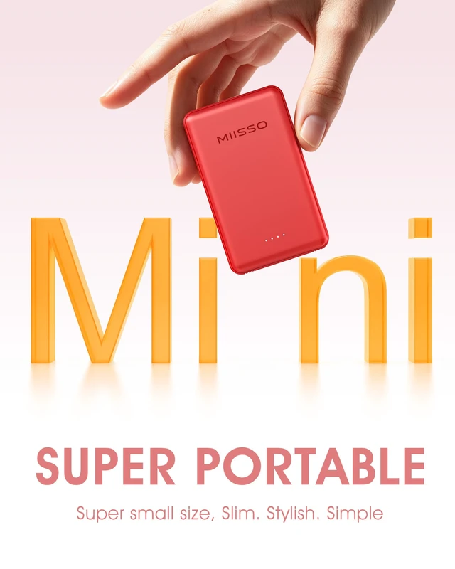 Alt view image 2 of 7 - miisso Ultra Slim 5000mAh Power Bank, Built-in Cables & AC Plug,Red | Pocket Size Portable Charger,Mini Phone Charger,Travel Essential,USB C External Battery Pack Compatible with iPhone,Samsung