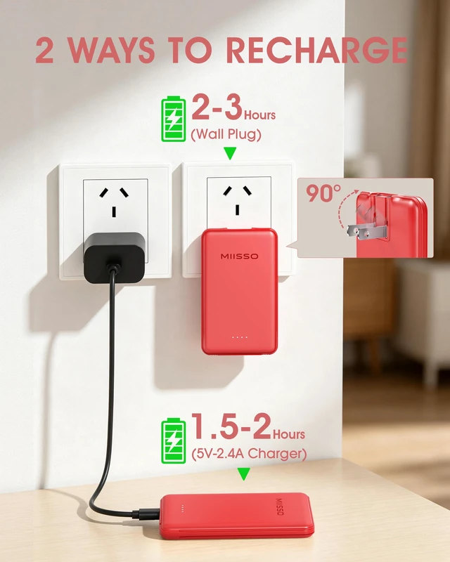 Alt view image 4 of 7 - miisso Ultra Slim 5000mAh Power Bank, Built-in Cables & AC Plug,Red | Pocket Size Portable Charger,Mini Phone Charger,Travel Essential,USB C External Battery Pack Compatible with iPhone,Samsung