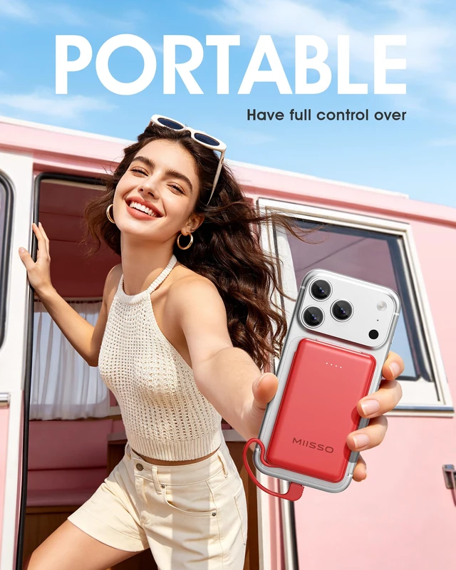 Alt view image 7 of 7 - miisso Ultra Slim 5000mAh Power Bank, Built-in Cables & AC Plug,Red | Pocket Size Portable Charger,Mini Phone Charger,Travel Essential,USB C External Battery Pack Compatible with iPhone,Samsung