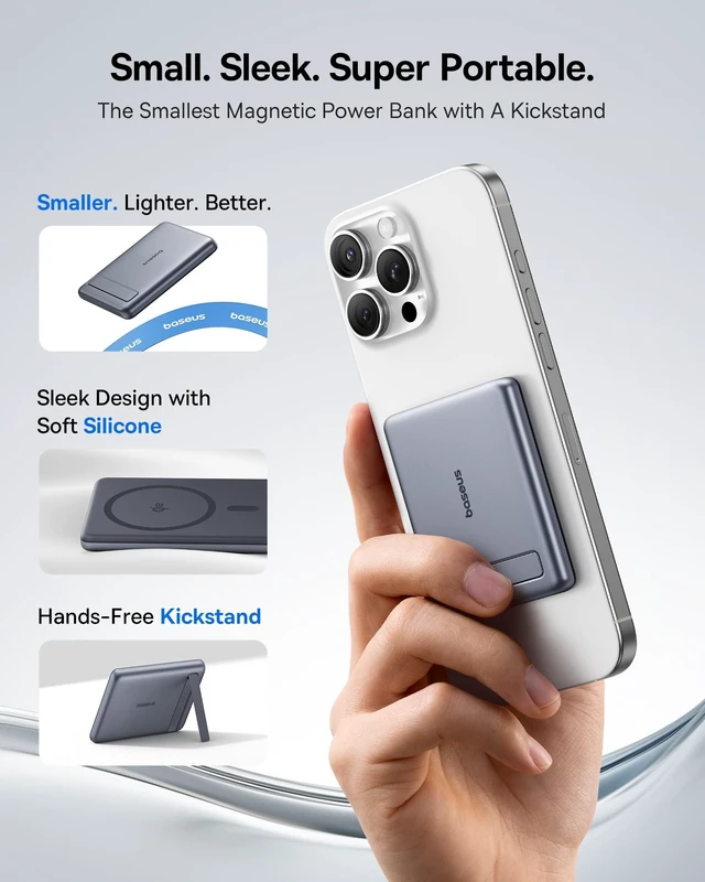 Alt view image 2 of 7 - Baseus Travel Power Bank 10000mAh Built-in Braided USB C Cord | Qi2 Certified 15W Ultra-Mini MagSafe Battery Pack, Alloy Wireless Travel Fast Charger for iPhone 18/17/16 Series
