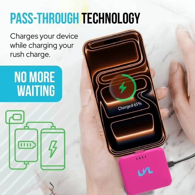 Alt view image 3 of 7 - LLEVVELL Spark Portable Charger for iPhone 17/16/15 USB C 2500mAh Power Bank with LED Indicators 2.4A Fast Charging Mini Portable Charger with Pass Through Technology LVL 25 (Pink)