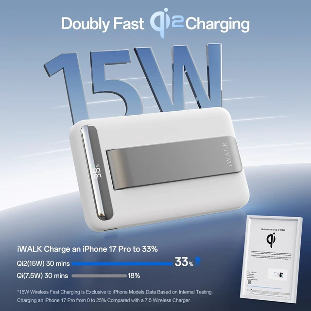 Alt view image 2 of 7 - iWALK Qi2 Certified 15W Magnetic Wireless Power Bank, 10000mAh Fast Charging Portable Charger with Adjustable Stand and LED Display, Compatible with iPhone 18/17/16/15/14/13/12