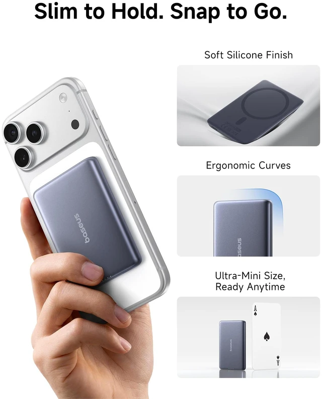 Alt view image 2 of 7 - Baseus Picogo Power Bank, Smallest 7.5W MagSafe Portable Charger, 0.5" Ultra Slim 5000mAh Magnetic Battery Pack, Alloy Wireless Charger for iPhone 17 Pro Max/17 Air/16 Series