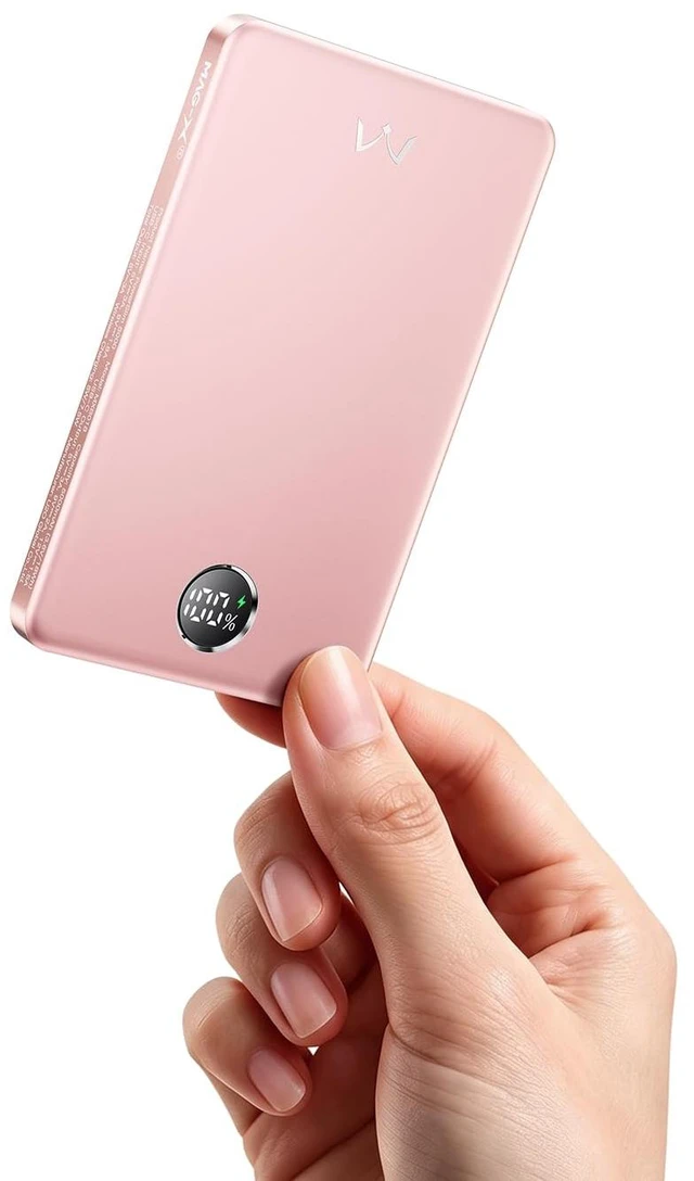 Main image of iWALK Magnetic Portable Charger, 5,000mAh Ultra-Slim Wireless Power Bank, 0.37in Thin, Weighs 4oz, LED Display, Compatible with iPhone 18/17/16/15/14/13 Series, Pink