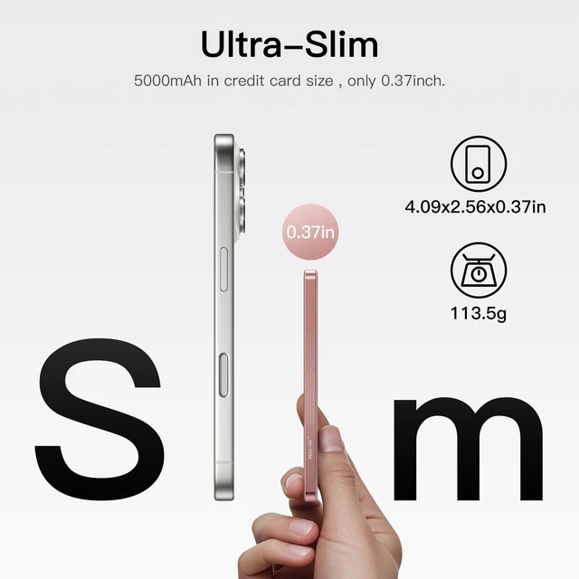 Alt view image 3 of 5 - iWALK Magnetic Portable Charger, 5,000mAh Ultra-Slim Wireless Power Bank, 0.37in Thin, Weighs 4oz, LED Display, Compatible with iPhone 18/17/16/15/14/13 Series, Pink