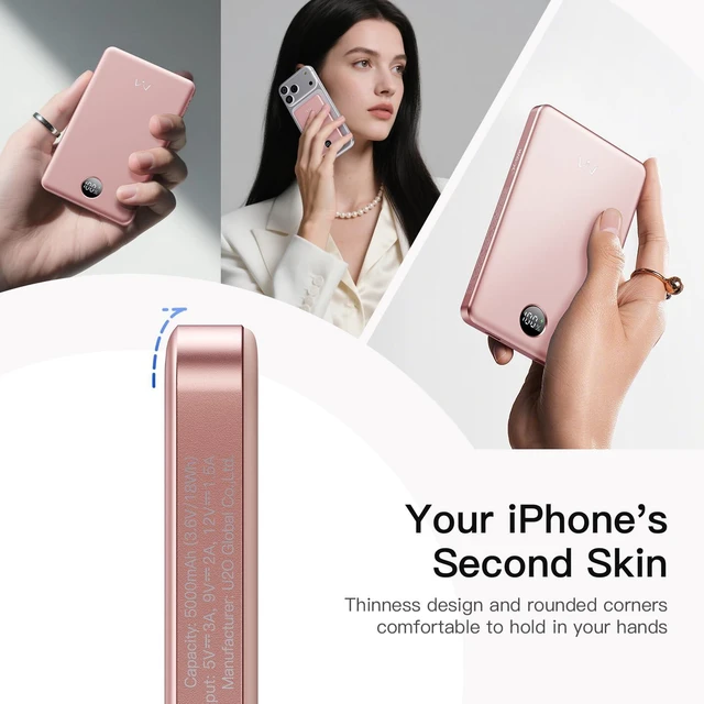 Alt view image 2 of 5 - iWALK Magnetic Portable Charger, 5,000mAh Ultra-Slim Wireless Power Bank, 0.37in Thin, Weighs 4oz, LED Display, Compatible with iPhone 18/17/16/15/14/13 Series, Pink