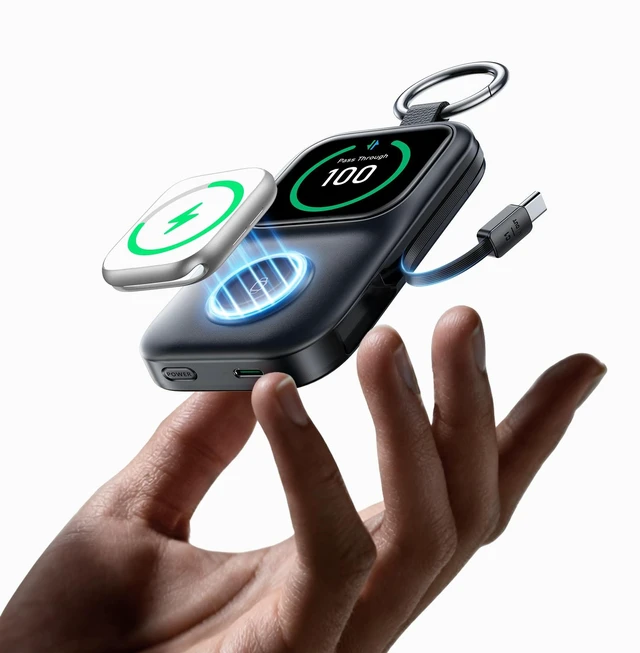 Main image of JOYROOM Portable Charger for Apple Watch, 5000mAh Power Bank 20W PD Fast Charging Dual Built-in Cables &4 Outputs, Compact Travel Keychain Battery Pack for iPhone 17/16/15/14/13& Apple Watch, Black